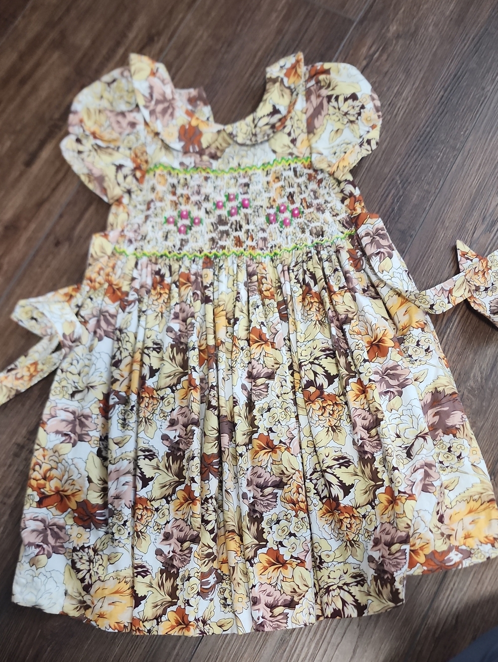 Floral Smocked Yellow & Brown Girls' Dress